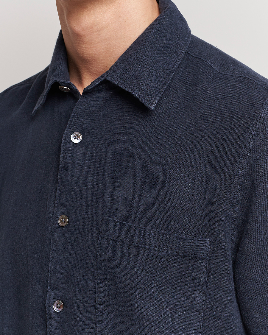 Men | Shirts | A Day's March | Khito Short Sleeve Linen Shirt Dark Navy