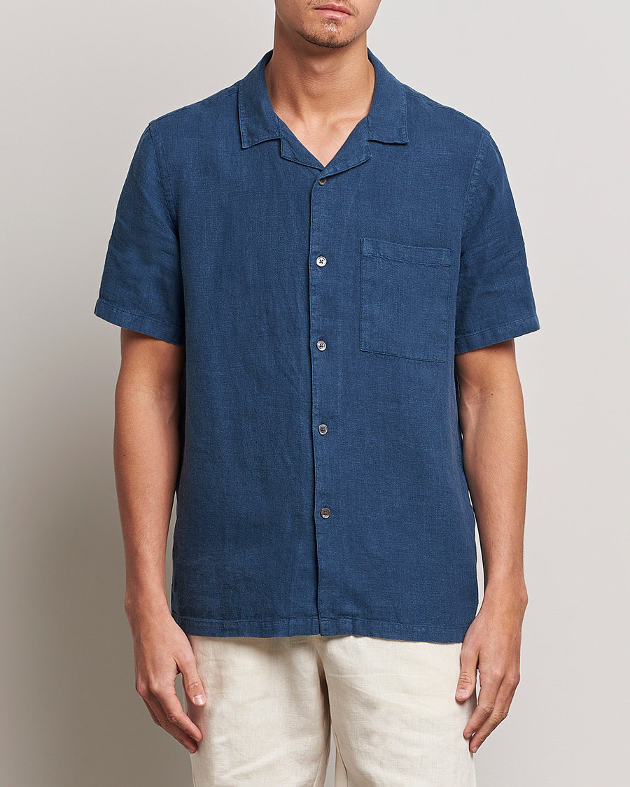 Men | Shirts | A Day's March | Yamu Short Sleeve Linen Shirt Indigo Blue