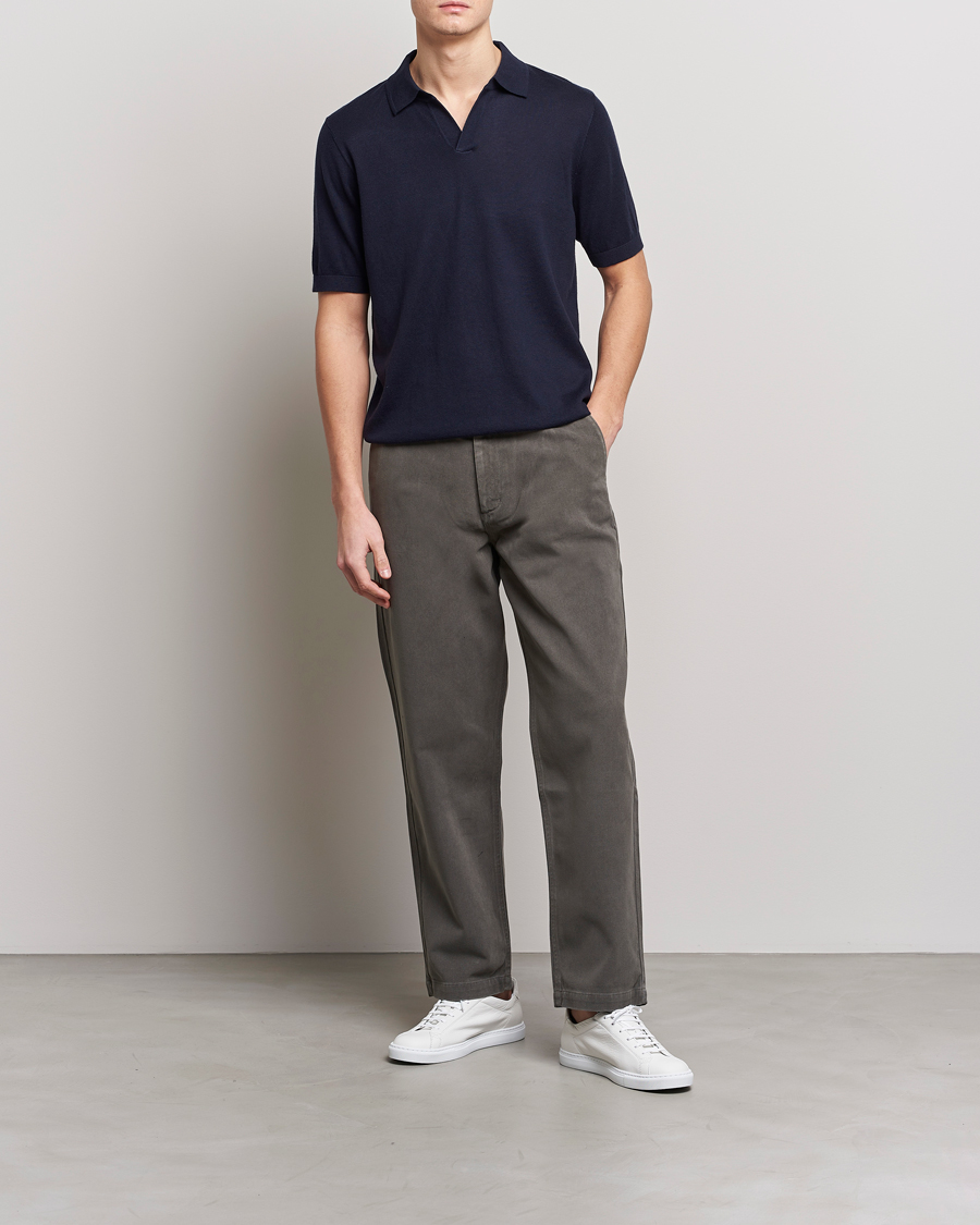 Men | Polo Shirts | A Day's March | Ebro Open Collar Cotton/Wool Navy
