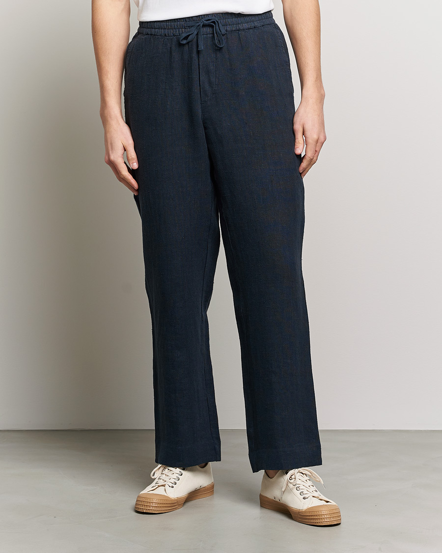 Men | Trousers | A Day's March | Tamait Drawstring Linen Trousers Navy