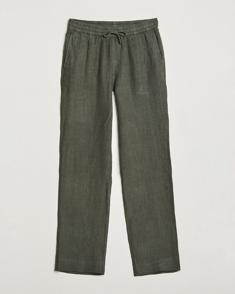 Men | Linen Trousers | A Day's March | Tamait Drawstring Linen Trousers Olive