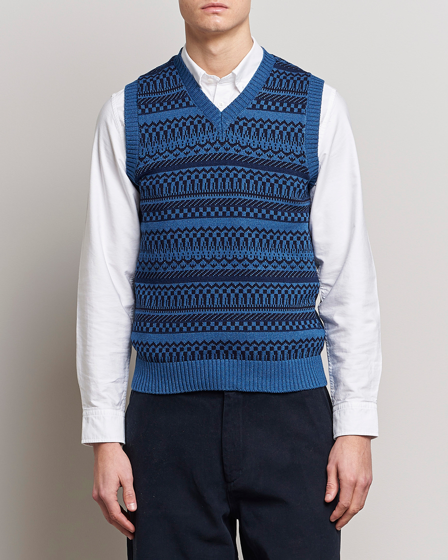 BEAMS PLUS Knit Fairisle Vest Navy at CareOfCarl.com