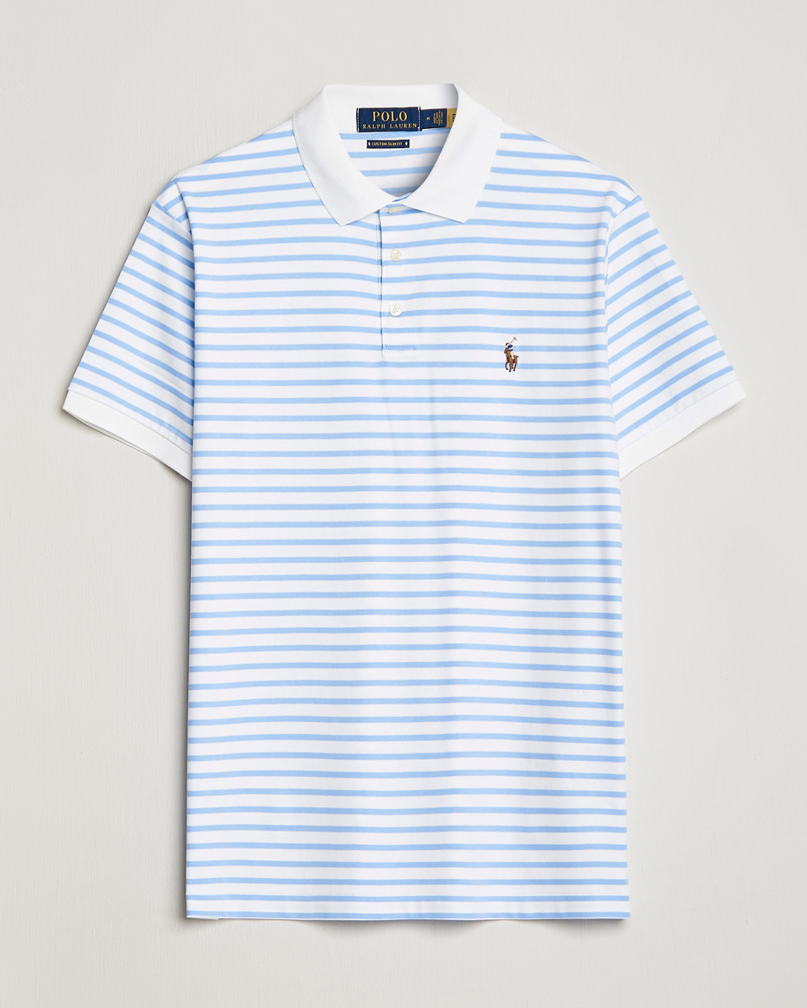 Men | Short Sleeve Polo Shirts | Polo Ralph Lauren | Luxury Pima Cotton Striped Polo White/Austin Blue