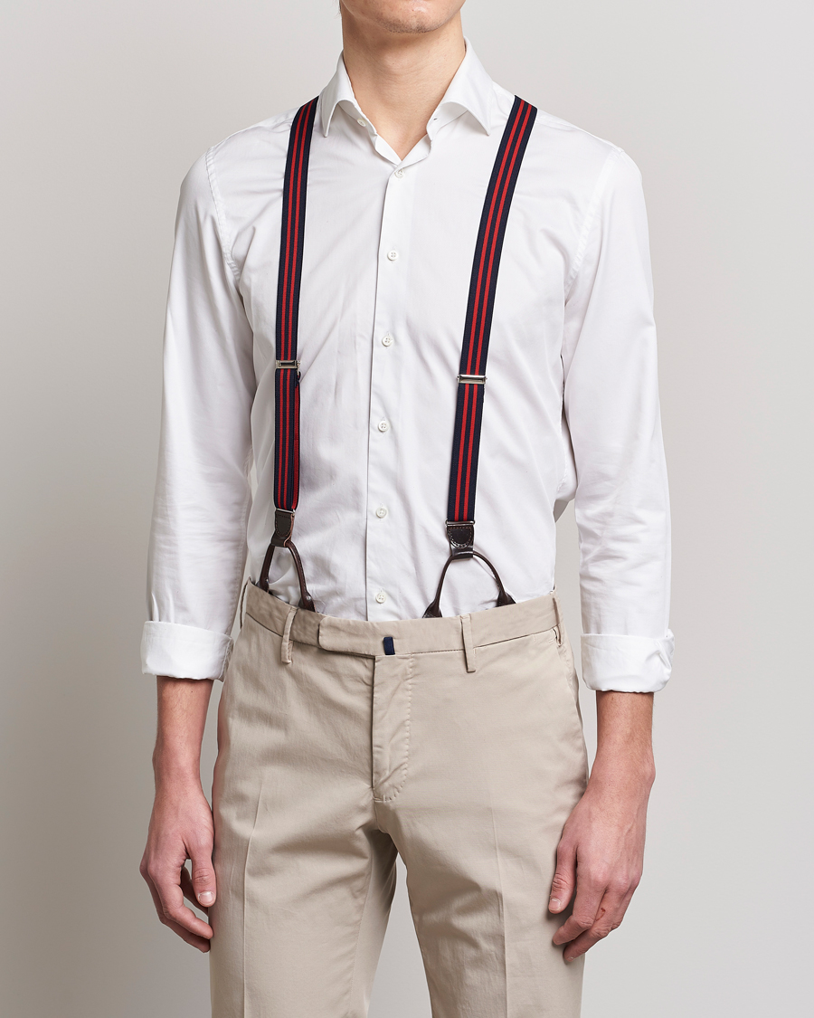 Men | Albert Thurston Elastic Narrow Stripe Braces 25mm Navy/Red | Albert Thurston | Elastic Narrow Stripe Braces 25mm Navy/Red