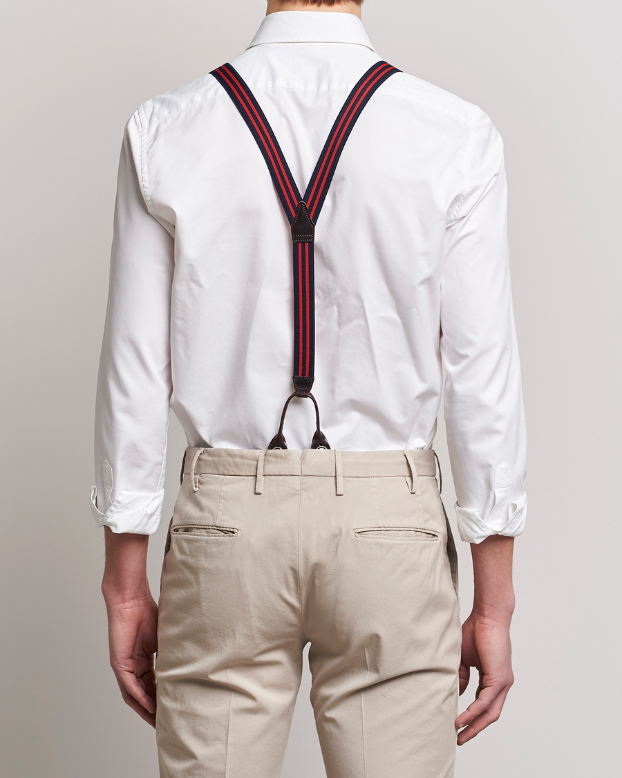 Men | Albert Thurston Elastic Narrow Stripe Braces 25mm Navy/Red | Albert Thurston | Elastic Narrow Stripe Braces 25mm Navy/Red