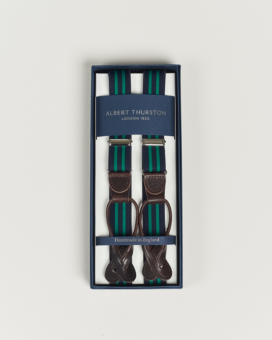 Men | Albert Thurston Elastic Narrow Stripe Braces 25mm Navy/Green | Albert Thurston | Elastic Narrow Stripe Braces 25mm Navy/Green