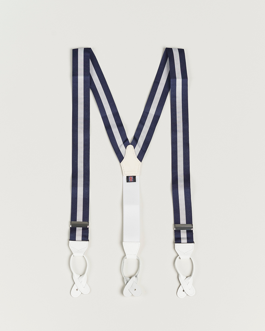 Men | Accessories | Albert Thurston | Elastic Wide Stripe Braces 40mm Navy/White