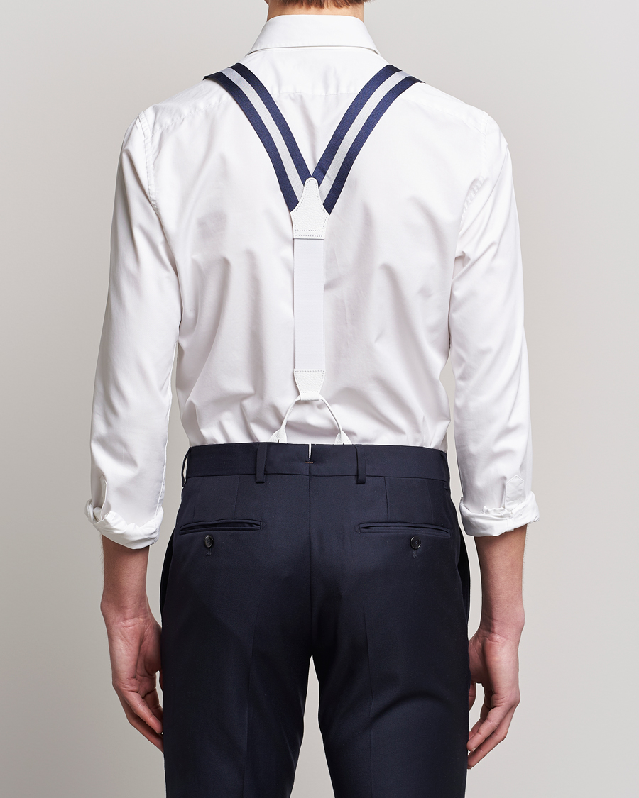 Men | Albert Thurston Elastic Wide Stripe Braces 40mm Navy/White | Albert Thurston | Elastic Wide Stripe Braces 40mm Navy/White