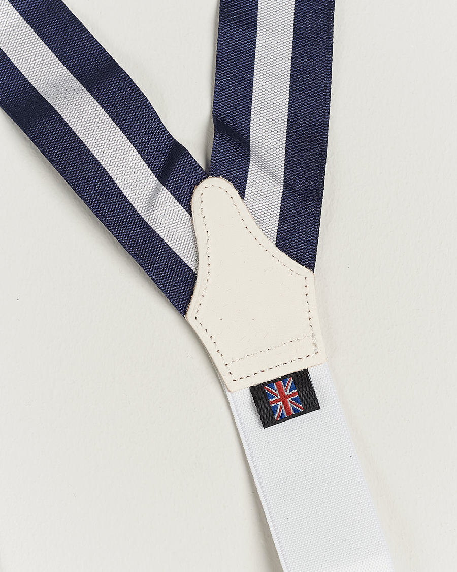 Men | Albert Thurston Elastic Wide Stripe Braces 40mm Navy/White | Albert Thurston | Elastic Wide Stripe Braces 40mm Navy/White