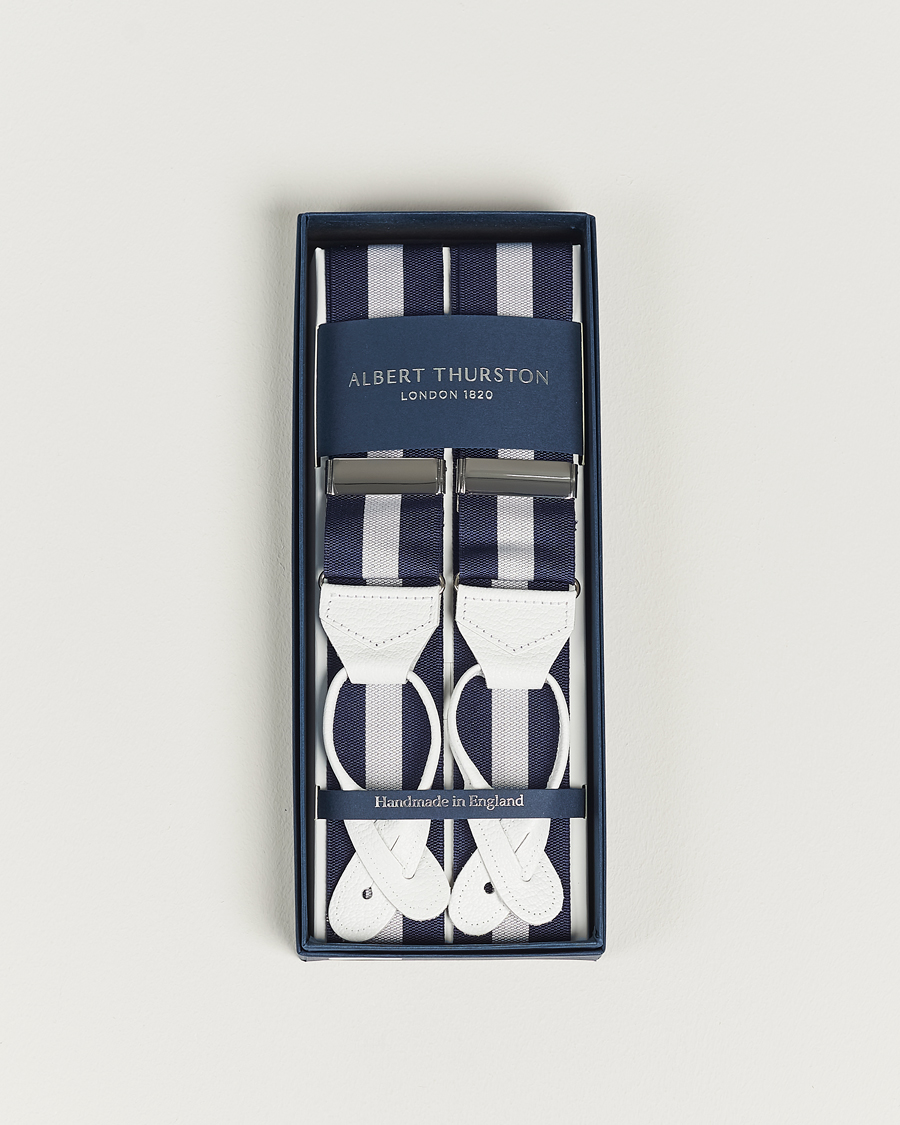 Men | Albert Thurston Elastic Wide Stripe Braces 40mm Navy/White | Albert Thurston | Elastic Wide Stripe Braces 40mm Navy/White