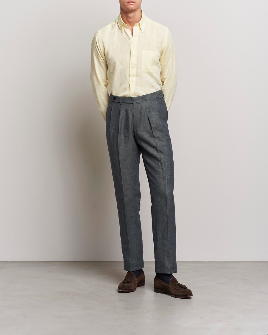 Men | Trousers | Beams F | Pleated Linen Trousers Petroleum Blue