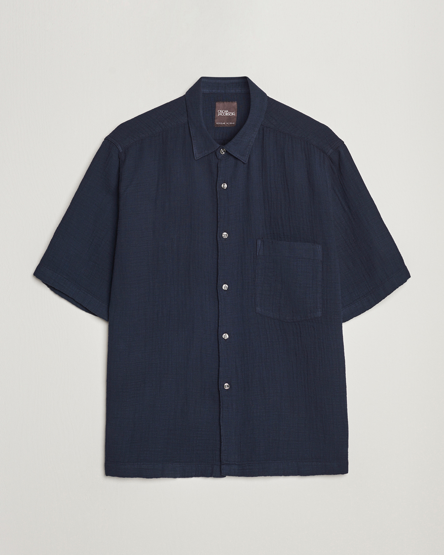 Men | Shirts | Oscar Jacobson | Short Sleeve City Crepe Cotton Shirt Navy