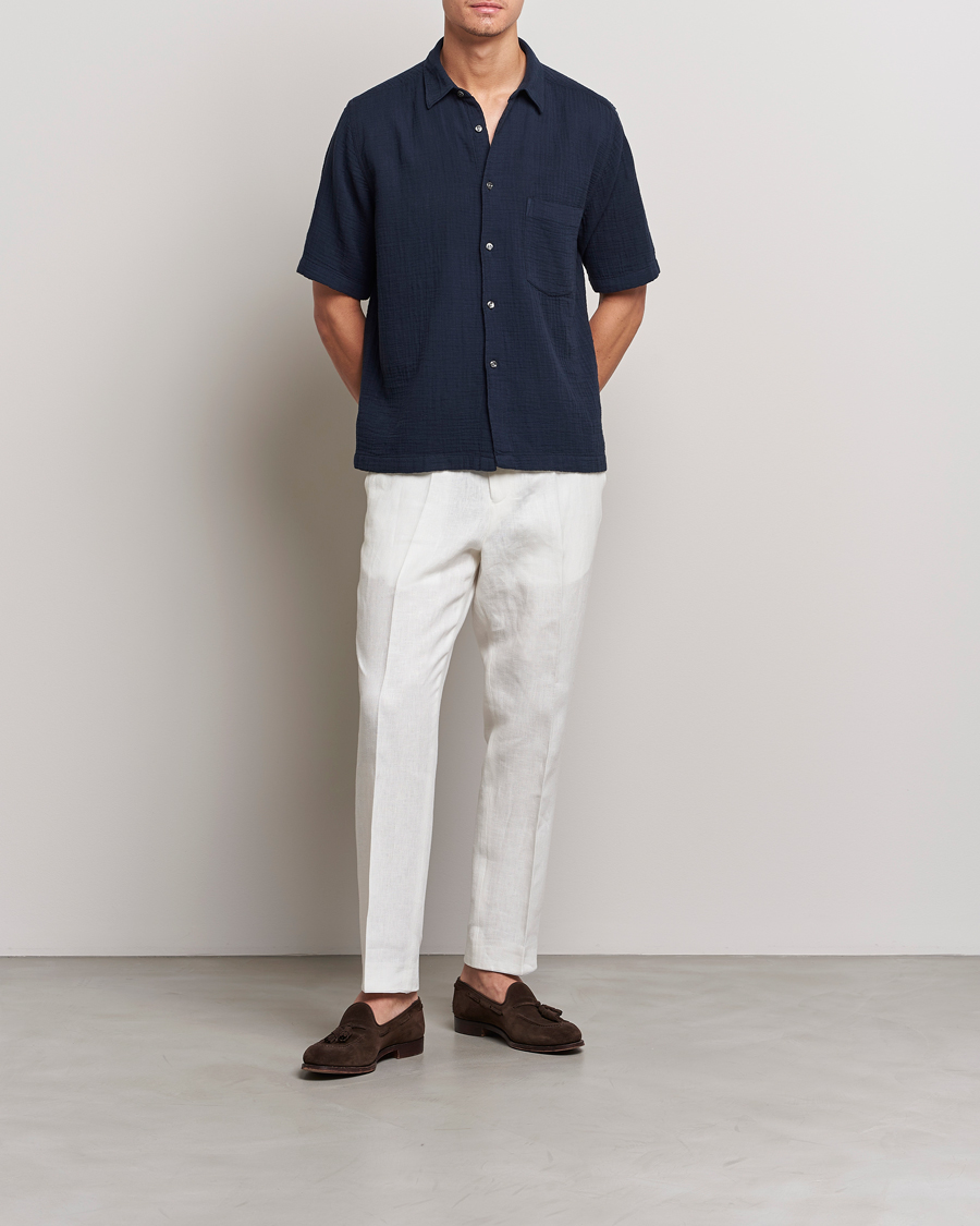 Men | Shirts | Oscar Jacobson | Short Sleeve City Crepe Cotton Shirt Navy