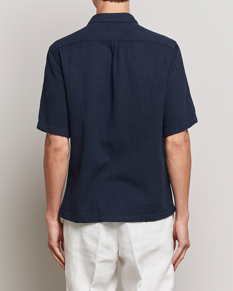 Men | Shirts | Oscar Jacobson | Short Sleeve City Crepe Cotton Shirt Navy