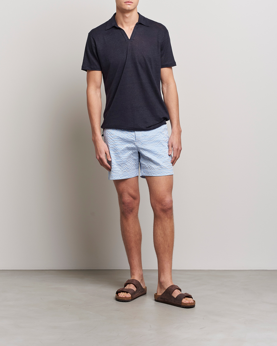 Men | Swimwear | Orlebar Brown | Bulldog Classic Stripe Swimshorts White/Light Island Sky