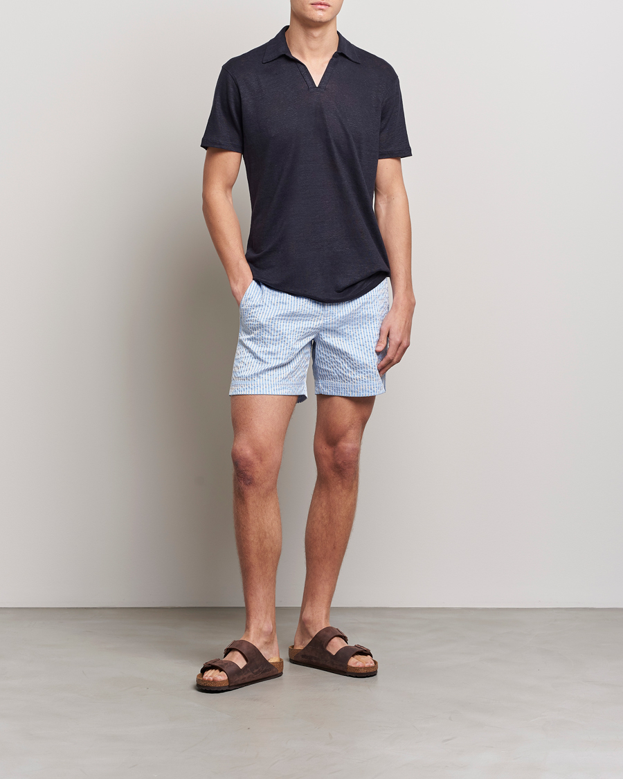 Men | Polo Shirts | Orlebar Brown | Felix Placket Short Sleeve Linen Polo Night Iris