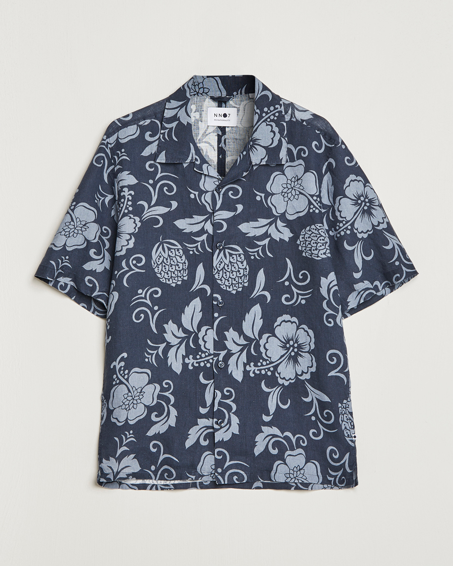 Men | Short Sleeve Shirts | NN07 | Ole Short Sleeve Printed Linen Shirt Navy