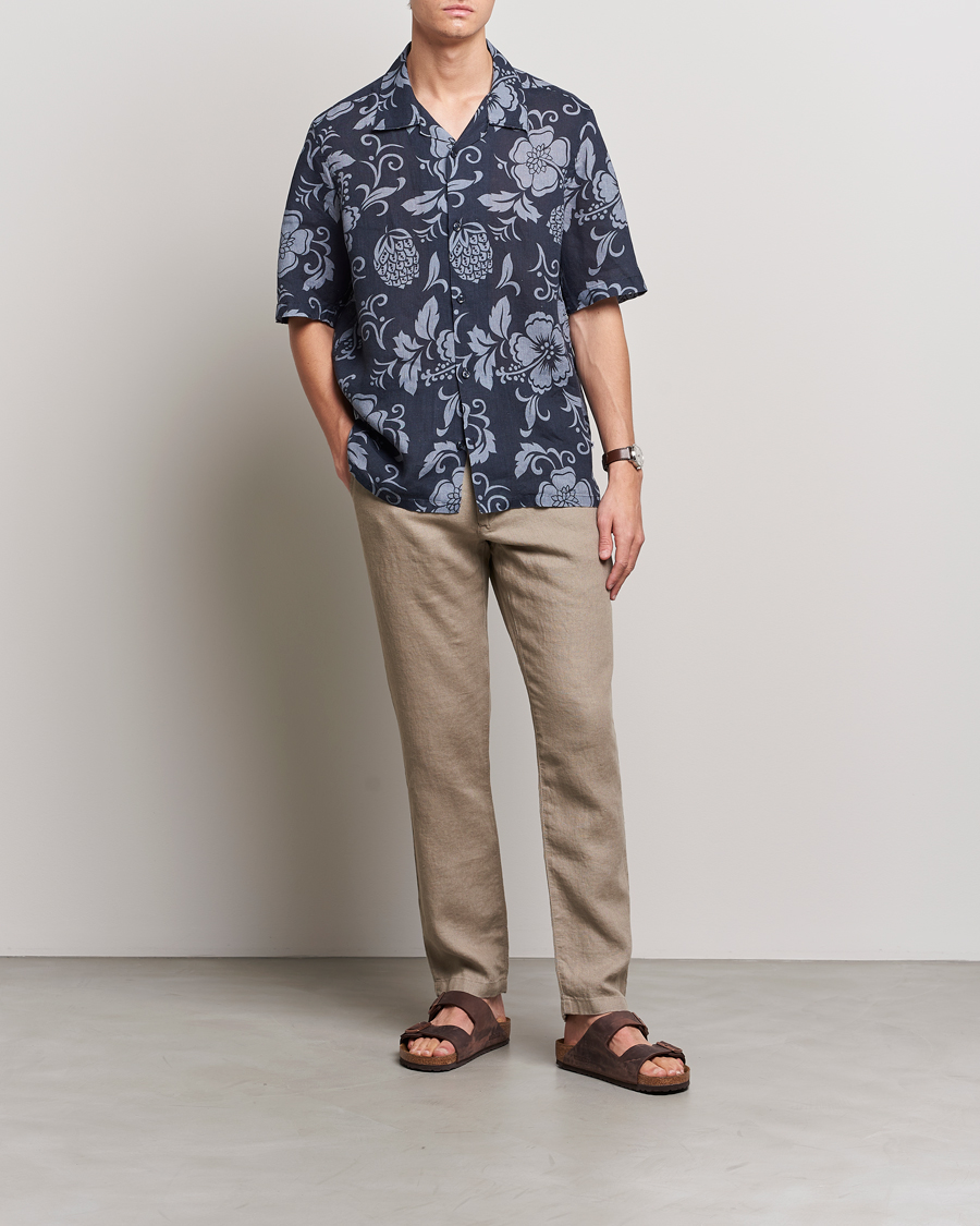 Men | Shirts | NN07 | Ole Short Sleeve Printed Linen Shirt Navy