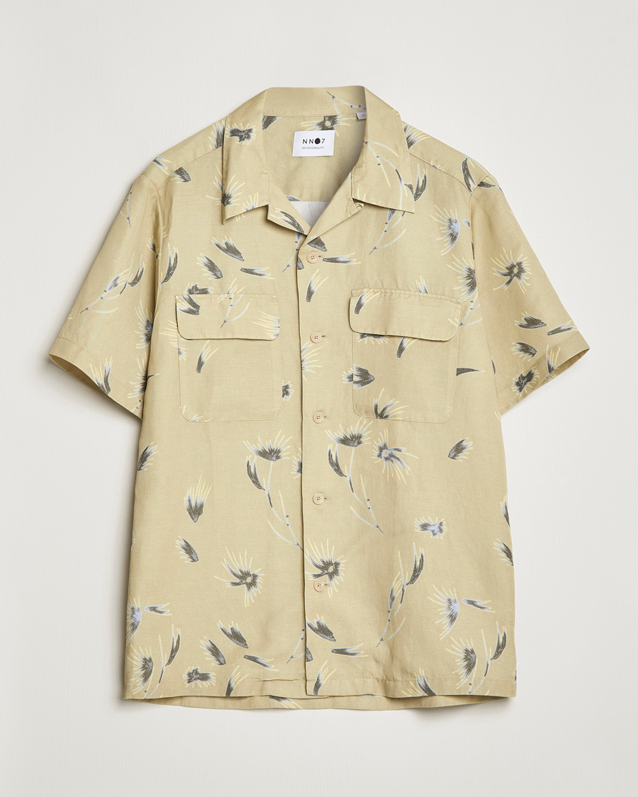 Men | Short Sleeve Shirts | NN07 | Daniel Short Sleeve Tencel/Linen Printed Shirt Pale Olive