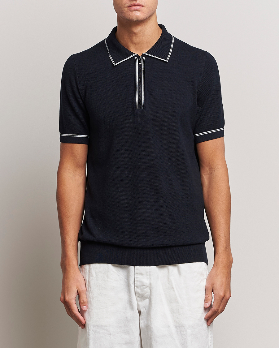 Men | Short Sleeve Polo Shirts | BOSS BLACK | Oleonardo Knitted Half Zip Polo Dark Blue