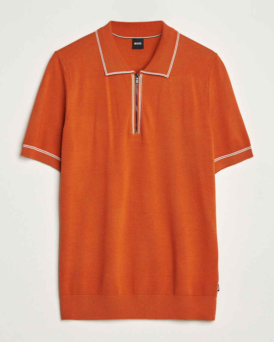 Men | Short Sleeve Polo Shirts | BOSS BLACK | Oleonardo Knitted Half Zip Polo Dark Orange
