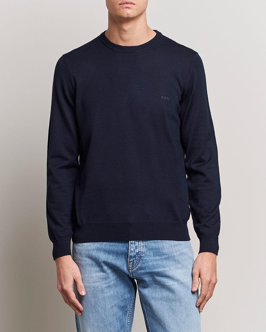 Men | Sweaters & Knitwear | BOSS BLACK | Botto Wool Knitted Crew Neck Sweater Dark Blue