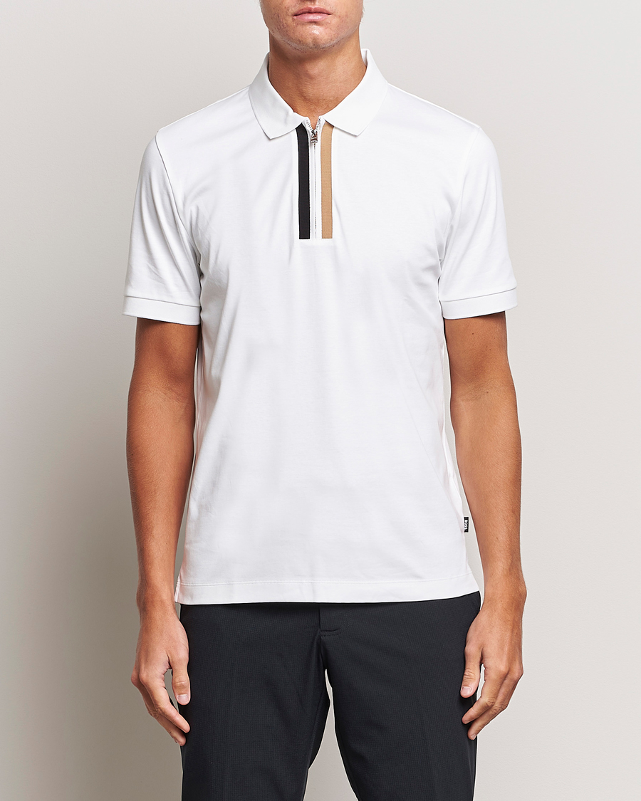 Men | Short Sleeve Polo Shirts | BOSS BLACK | Paras Half Zip Polo White