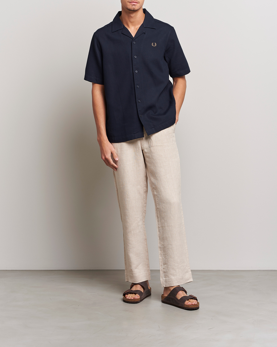 Men | Shirts | Fred Perry | Woven Pique Short Sleeve Linen Shirt Navy