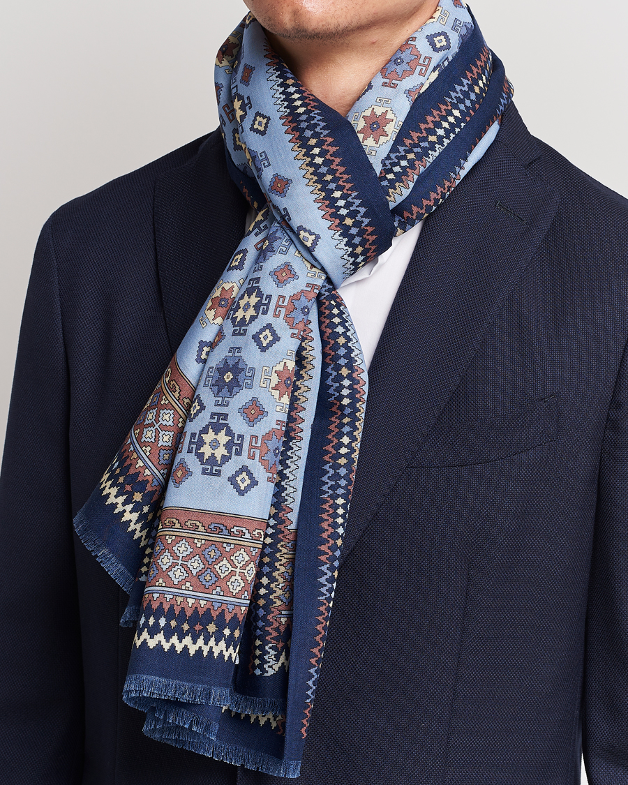 Men | Dress Scarves | E. Marinella | Wool/Silk Printed Scarf Navy/Light Blue