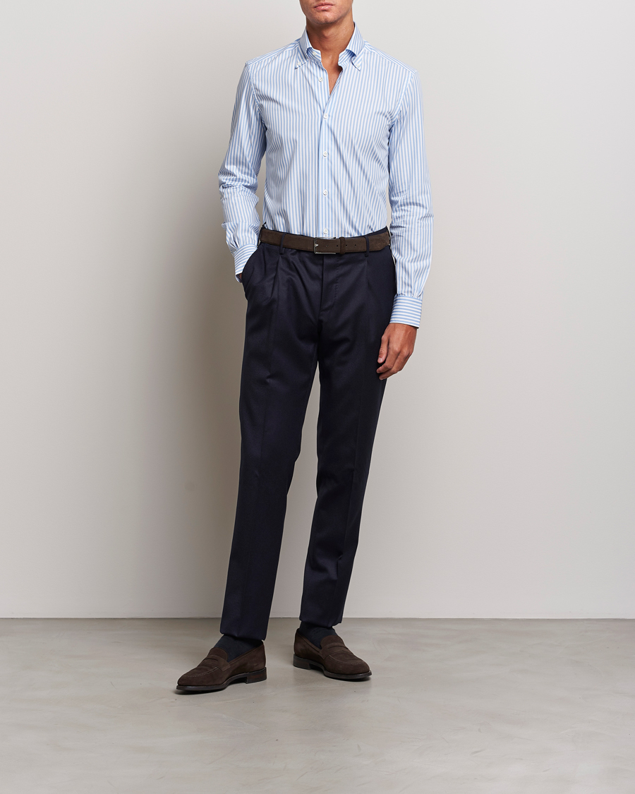 Men | Shirts | Mazzarelli | Soft Button Down Striped Shirt Light Blue