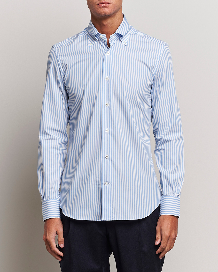 Men |  | Mazzarelli | Soft Button Down Striped Shirt Light Blue