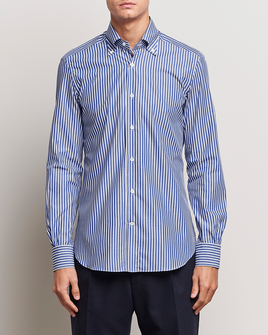 Men |  | Mazzarelli | Soft Button Down Striped Shirt Dark Blue