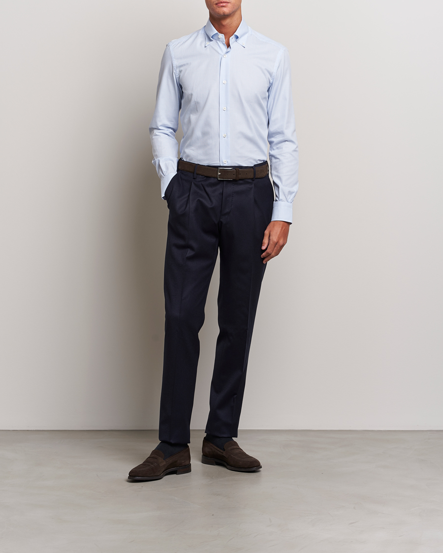 Men | Shirts | Mazzarelli | Soft Button Down Checked Shirt Light Blue