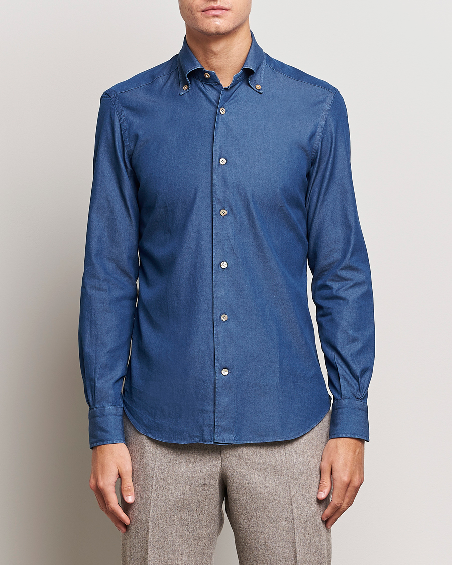 Men |  | Mazzarelli | Soft Button Down Denim Shirt Blue Wash