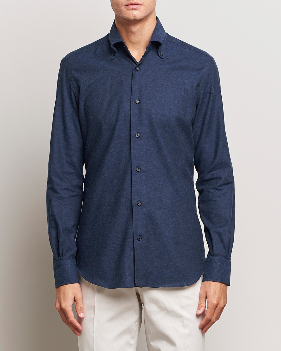Men | Flannel Shirts | Mazzarelli | Soft Button Down Flannel Shirt Navy