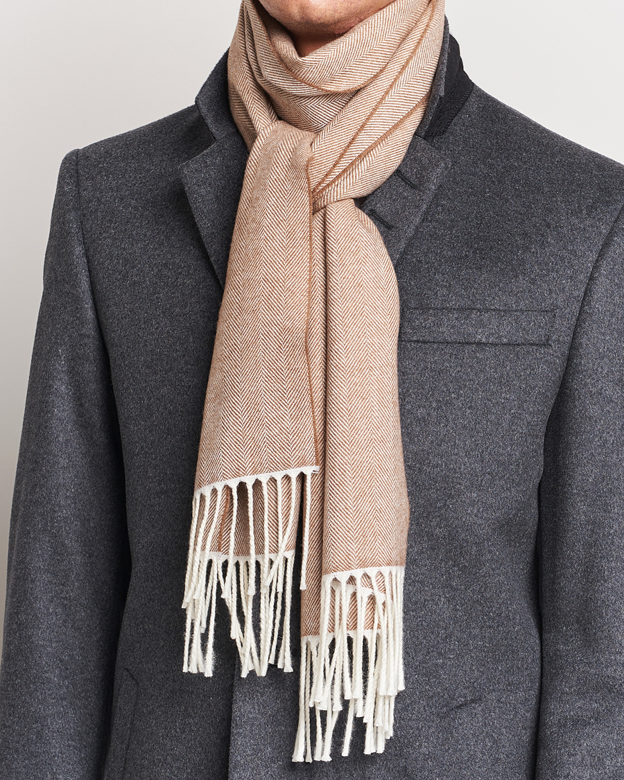 Canali Herringbone Wool Scarf Beige at CareOfCarl.com