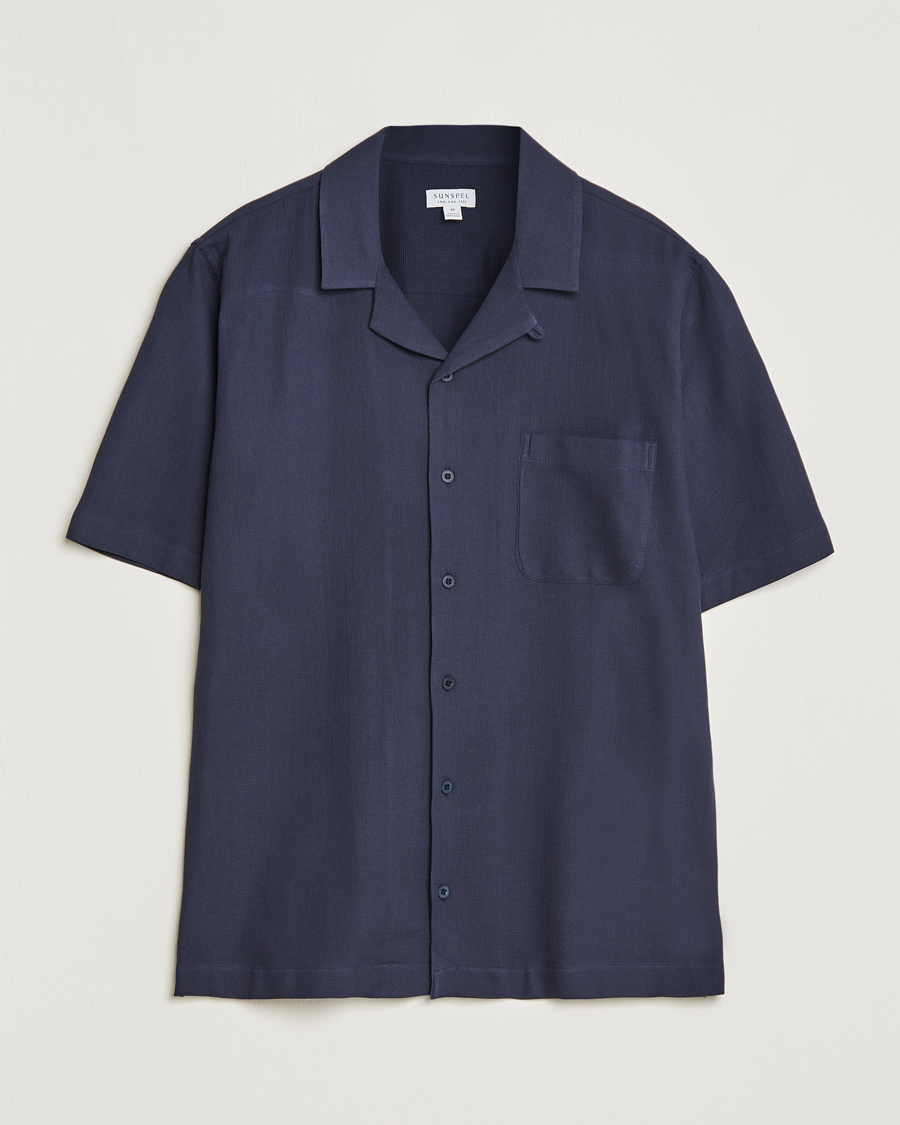 Men | Shirts | Sunspel | Waffle Camp Collar Shirt Navy