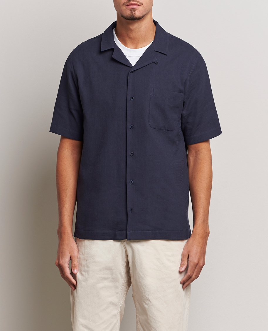 Men | Shirts | Sunspel | Waffle Camp Collar Shirt Navy