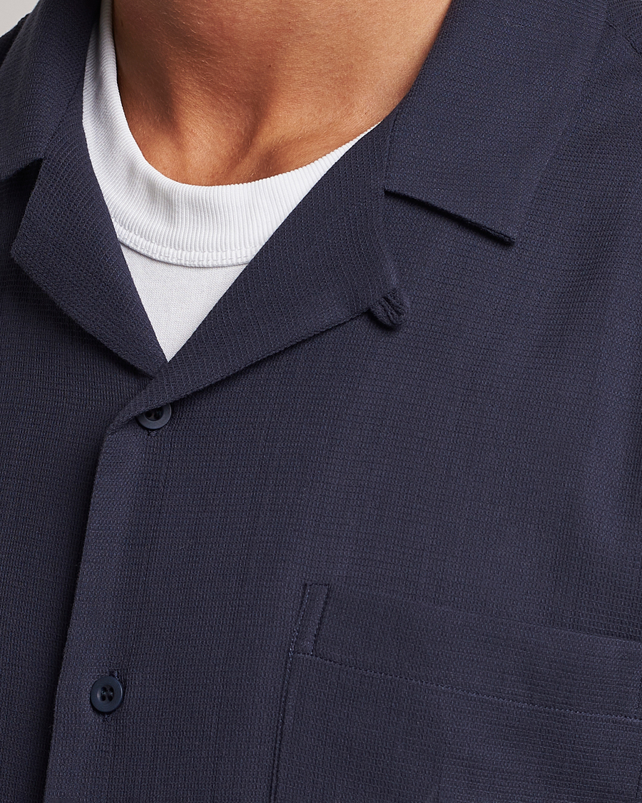 Men | Shirts | Sunspel | Waffle Camp Collar Shirt Navy