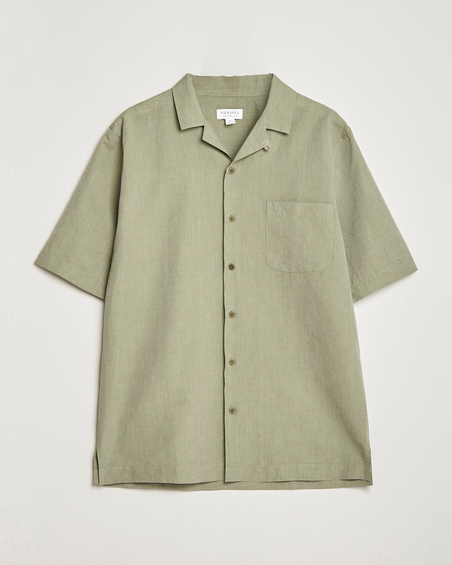 Men | Short Sleeve Shirts | Sunspel | Lightweight Cotton/Linen Resort Shirt Hunter Green