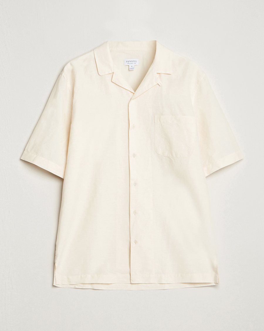 Men | Short Sleeve Shirts | Sunspel | Lightweight Cotton/Linen Resort Shirt Ecru