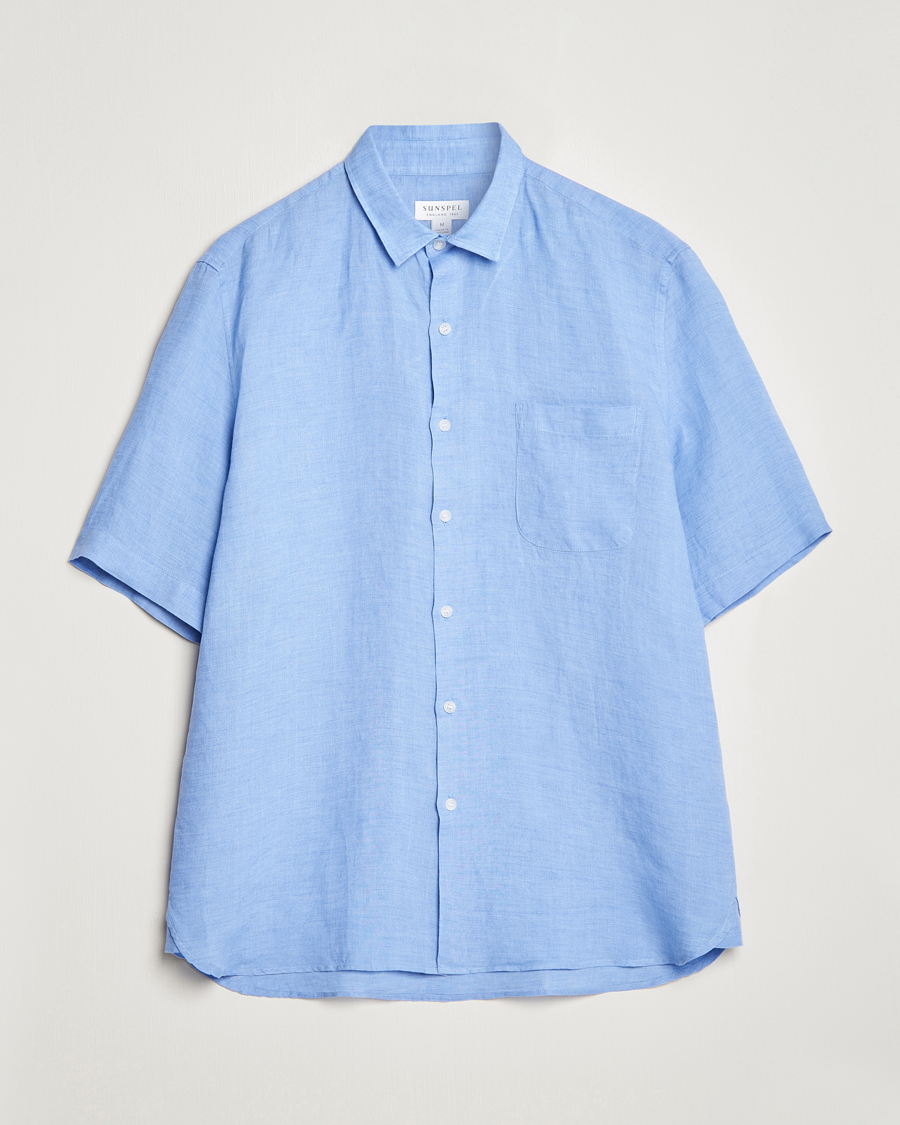 Men | Short Sleeve Shirts | Sunspel | Short Sleeve Linen Shirt Cool Blue