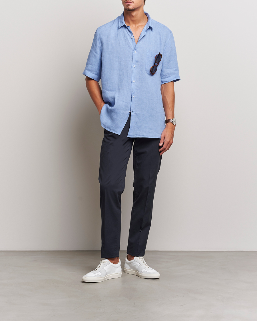 Men | Shirts | Sunspel | Short Sleeve Linen Shirt Cool Blue
