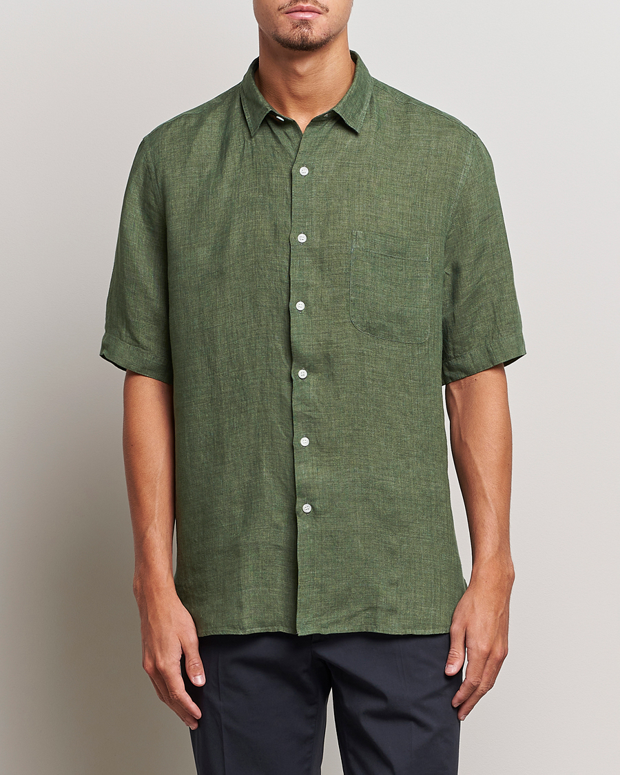 Men | Shirts | Sunspel | Short Sleeve Linen Shirt Hunter Green