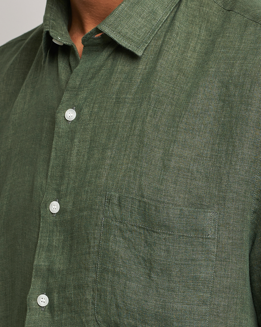 Men | Shirts | Sunspel | Short Sleeve Linen Shirt Hunter Green