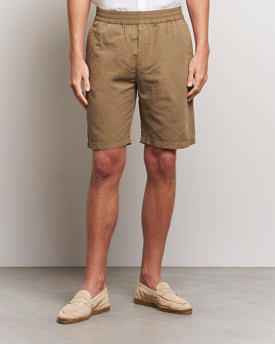 Men | Drawstring Shorts | Sunspel | Cotton/Linen Drawstring Shorts Dark Tan
