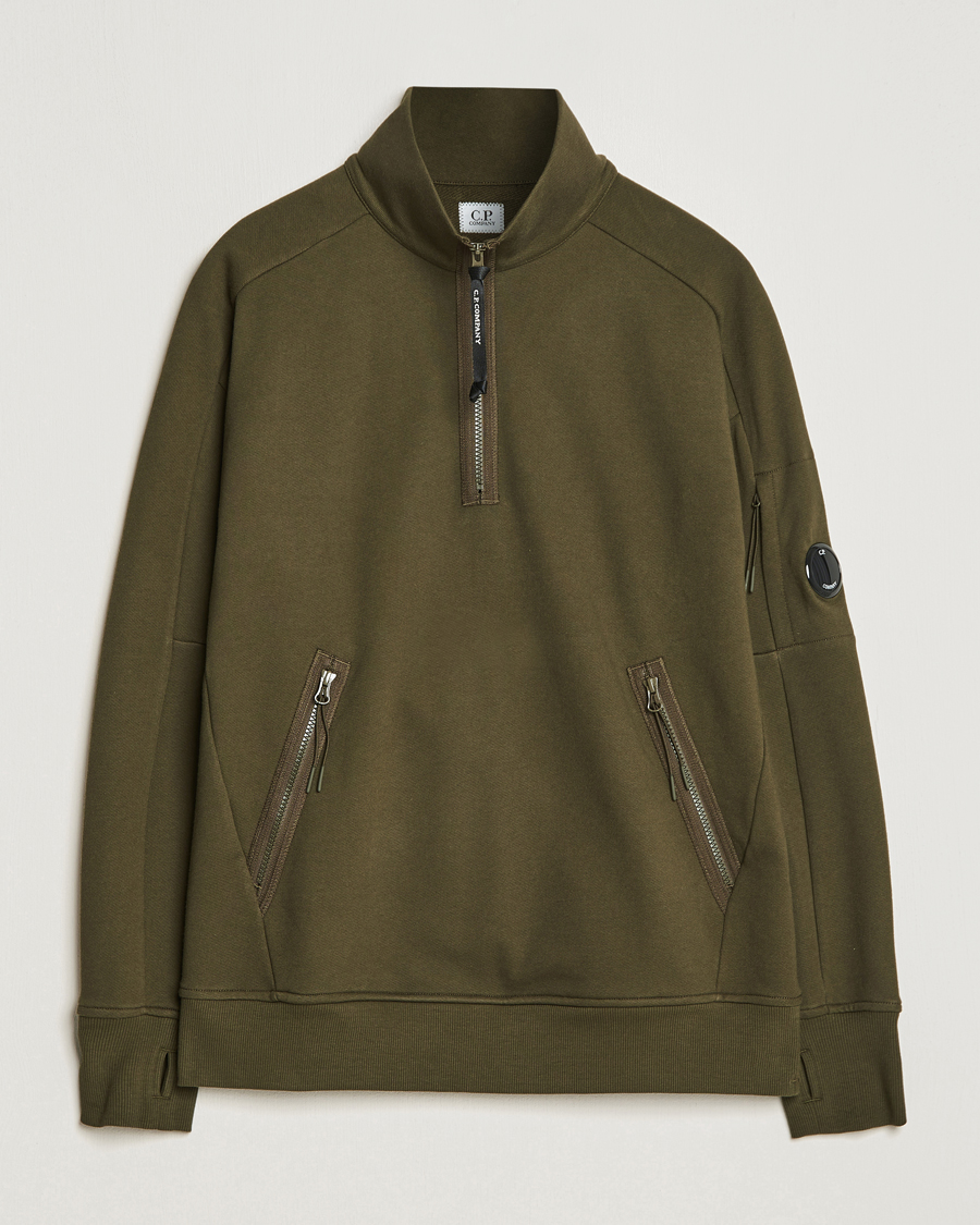Men | Sweaters & Knitwear | C.P. Company | Diagonal Raised Fleece Half Zip Lens Sweatshirt Green