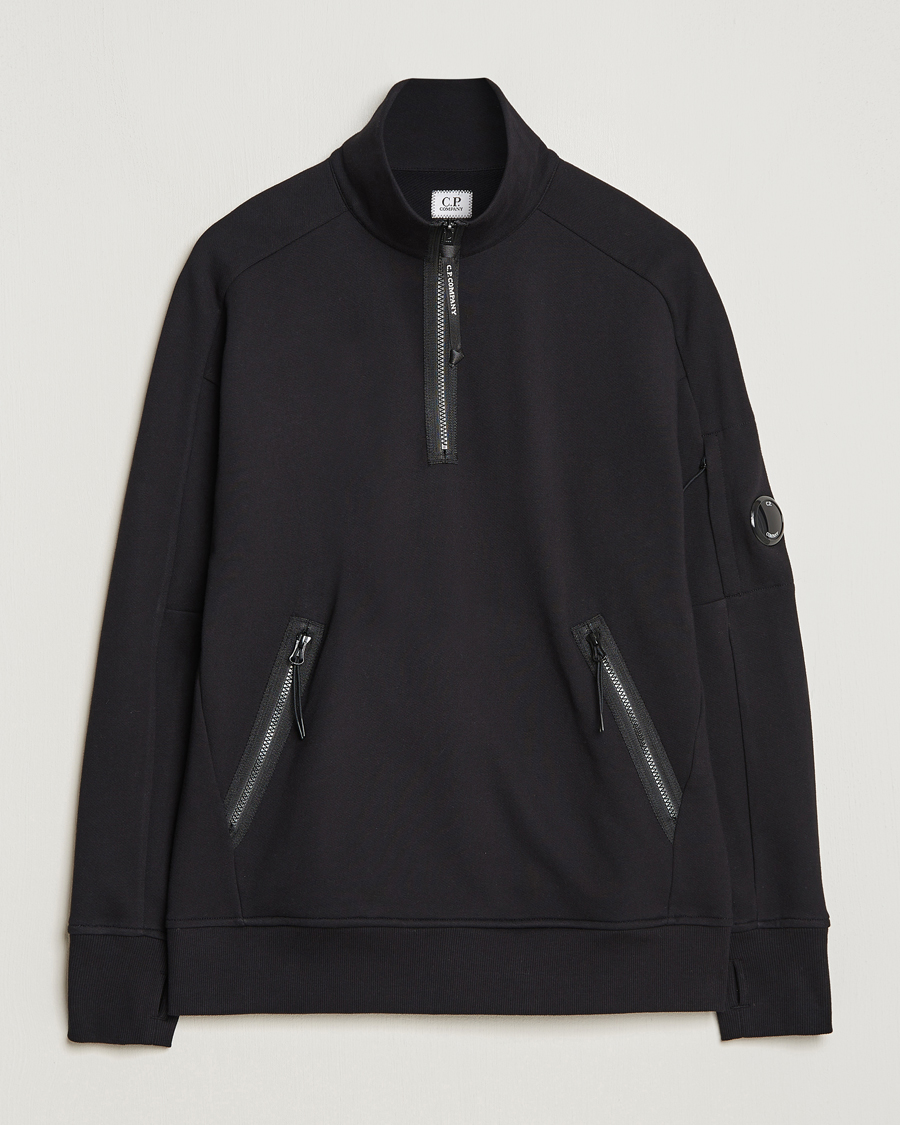 Men | Sweaters & Knitwear | C.P. Company | Diagonal Raised Fleece Half Zip Goggle Hoodie Black