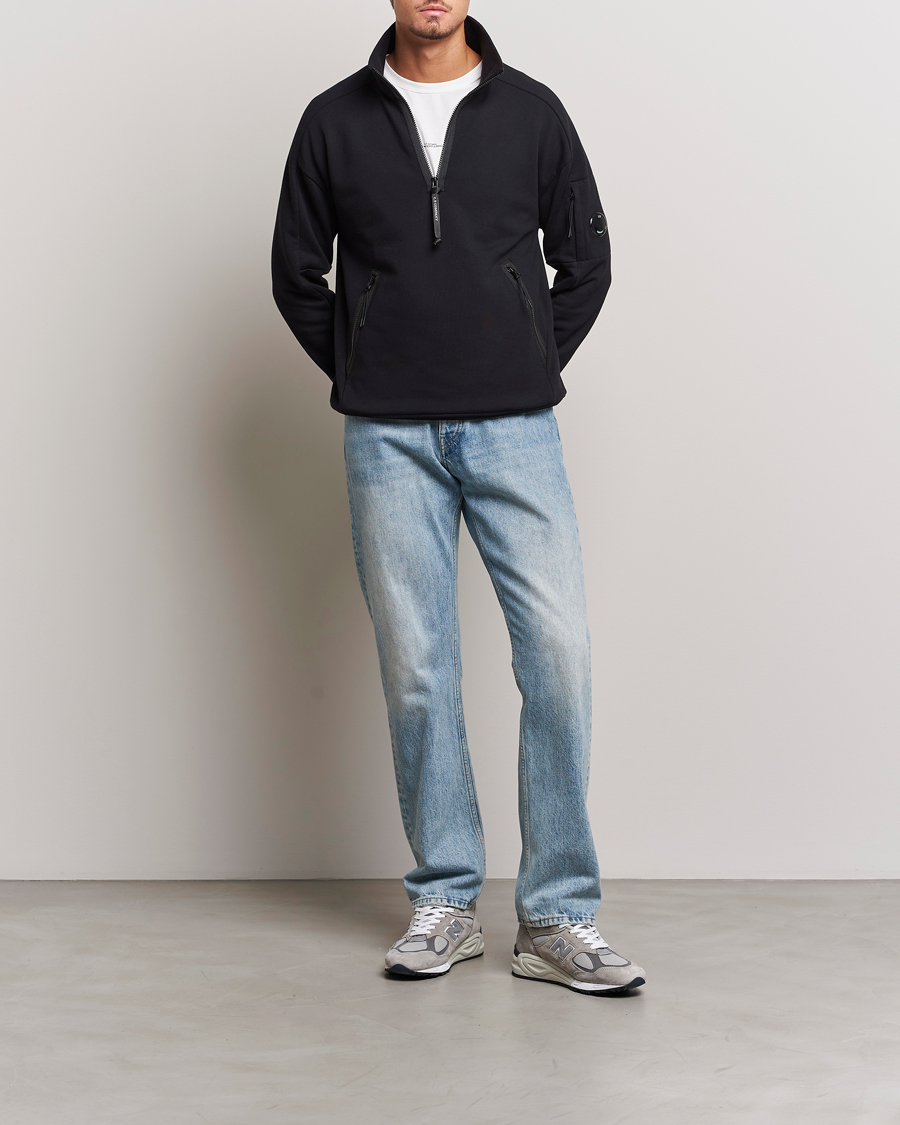 Men | Sweaters & Knitwear | C.P. Company | Diagonal Raised Fleece Half Zip Goggle Hoodie Black