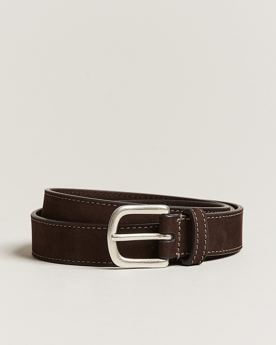 Men |  | Anderson's | Slim Stitched Nubuck Leather Belt 2,5 cm Dark Brown